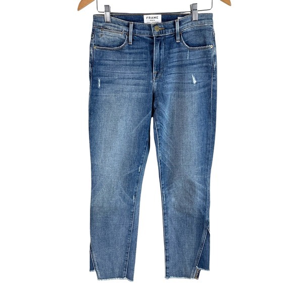 FRAME Le High Straight‎ Distressed Jeans Womens 25 Blue Denim Stretch Raw Hem - Picture 1 of 8